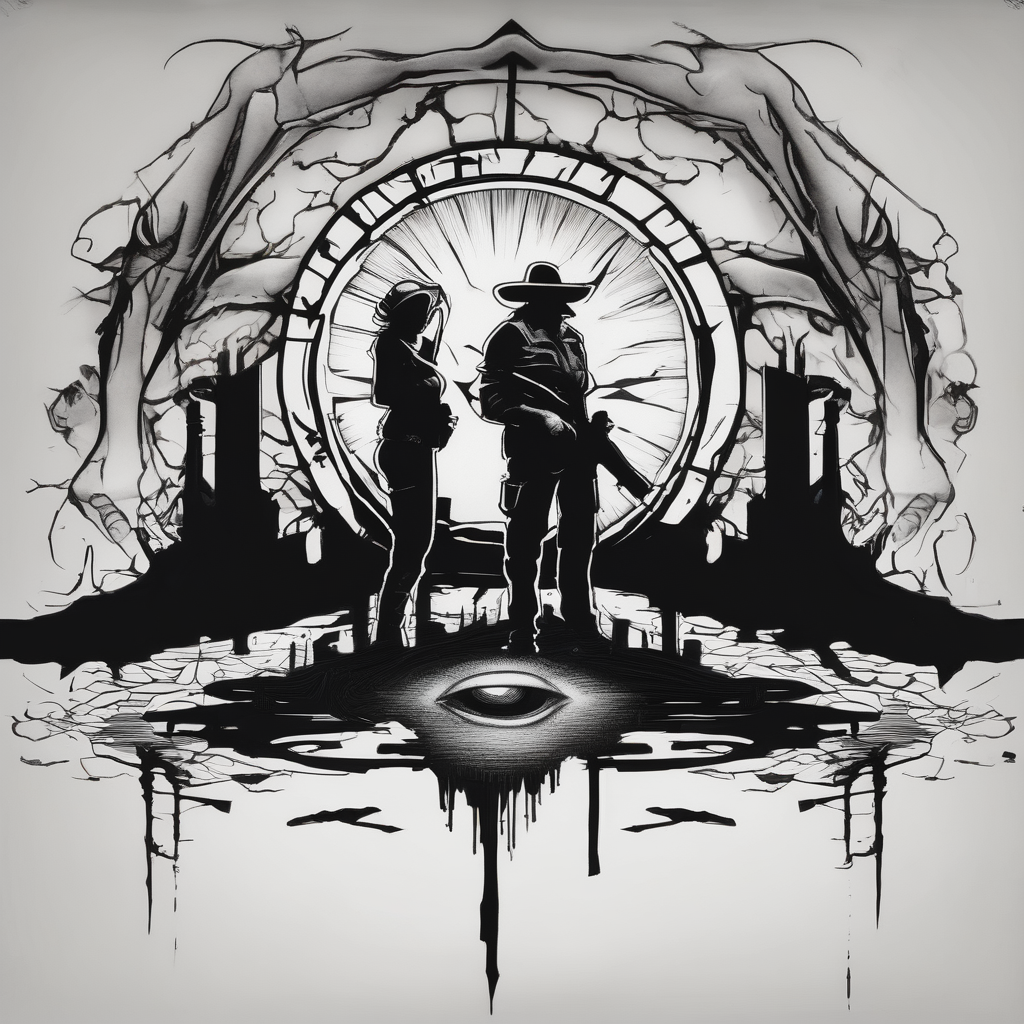 In the reflection of a eye two black siloets of people holding guns one man dead on the ground with a wounded woman standing behind him eyelid-eyes, AI-generated Black and White tattoo design