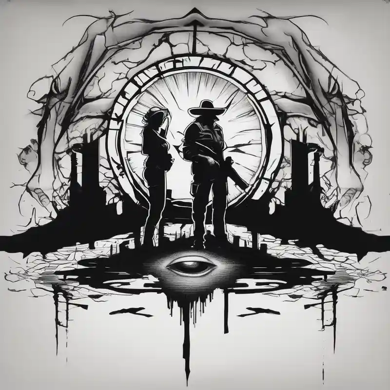 In the reflection of a eye two black siloets of people holding guns one man dead on the ground with a wounded woman standing – Black and White, Black and white