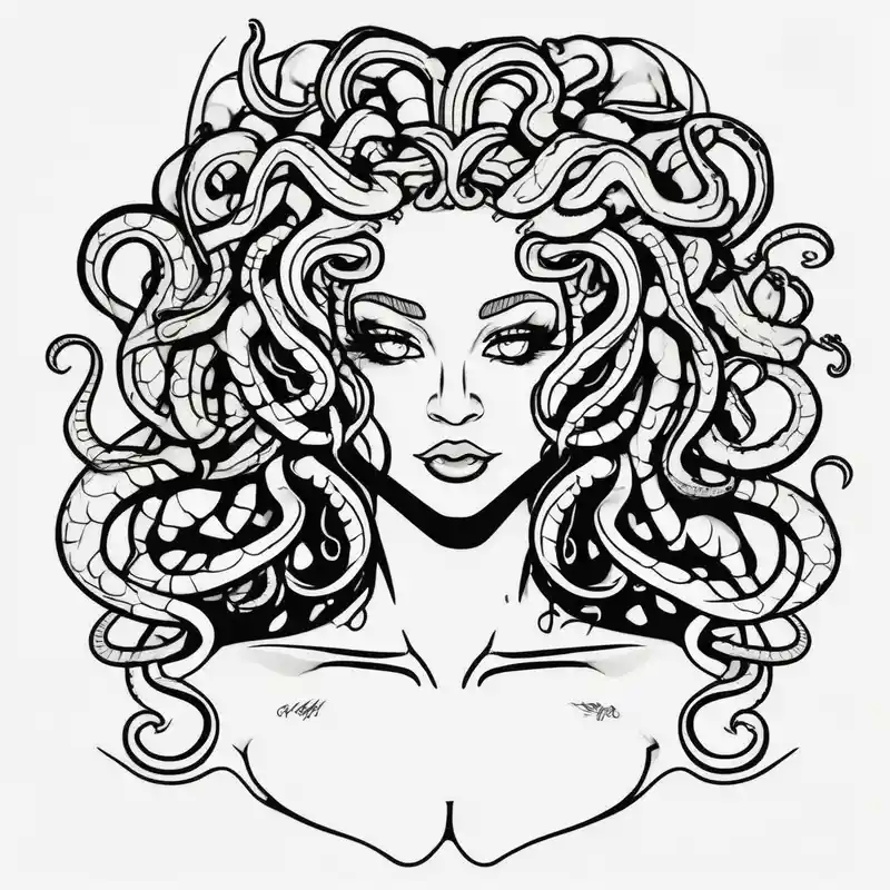 Medusa tattoo with a beautiful face focusing on the eyes. Instead of snake like hair I want octopus like hair. – Cartoon, Vibrant color