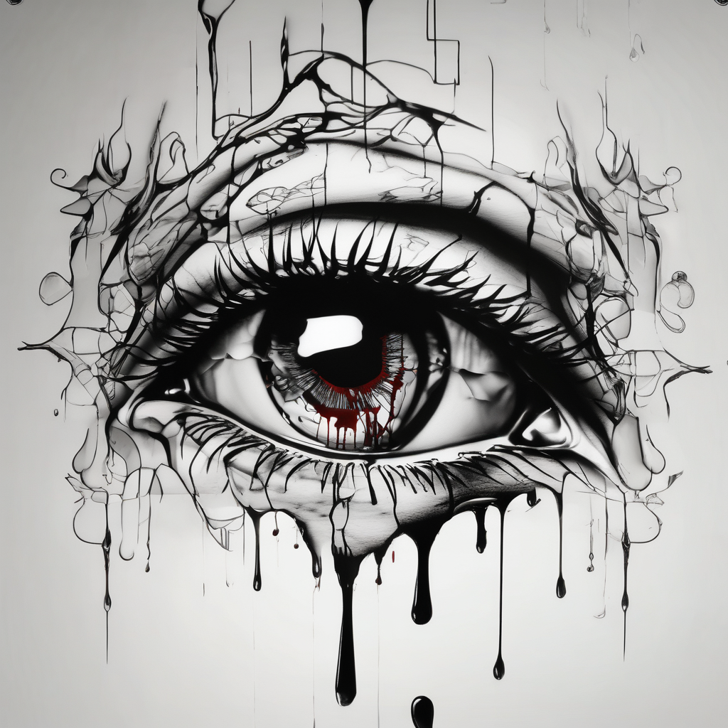 A realistic human eye crying tears of blood with a reflection of two black shadows or people holding guns at two wounded people on the floor eyelid-eyes, AI-generated Surreal tattoo design