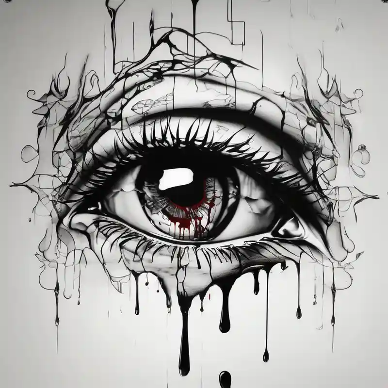 A realistic human eye crying tears of blood with a reflection of two black shadows or people holding guns at two wounded – Surreal, Vibrant color