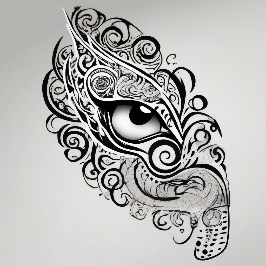 Elbow length lace glove, swirls and whorls of black ink, large feline eye on the palm eyelid-eyes, design de tatouage Cartoon généré par IA