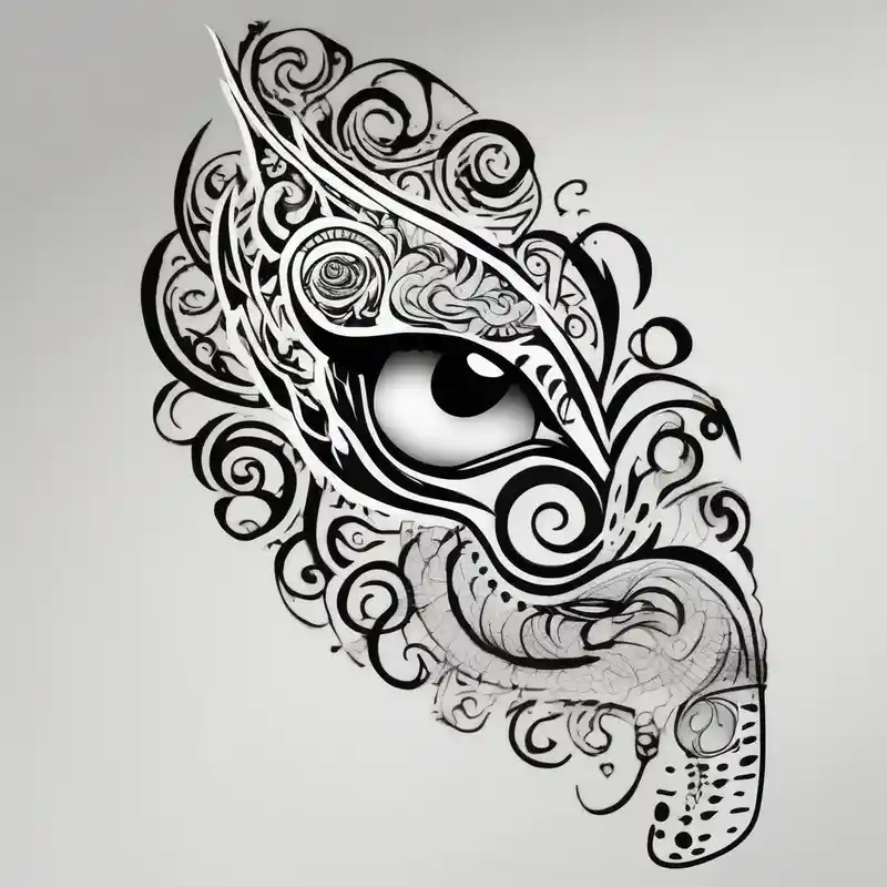 Elbow length lace glove, swirls and whorls of black ink, large feline eye on the palm – Cartoon, Noir et blanc