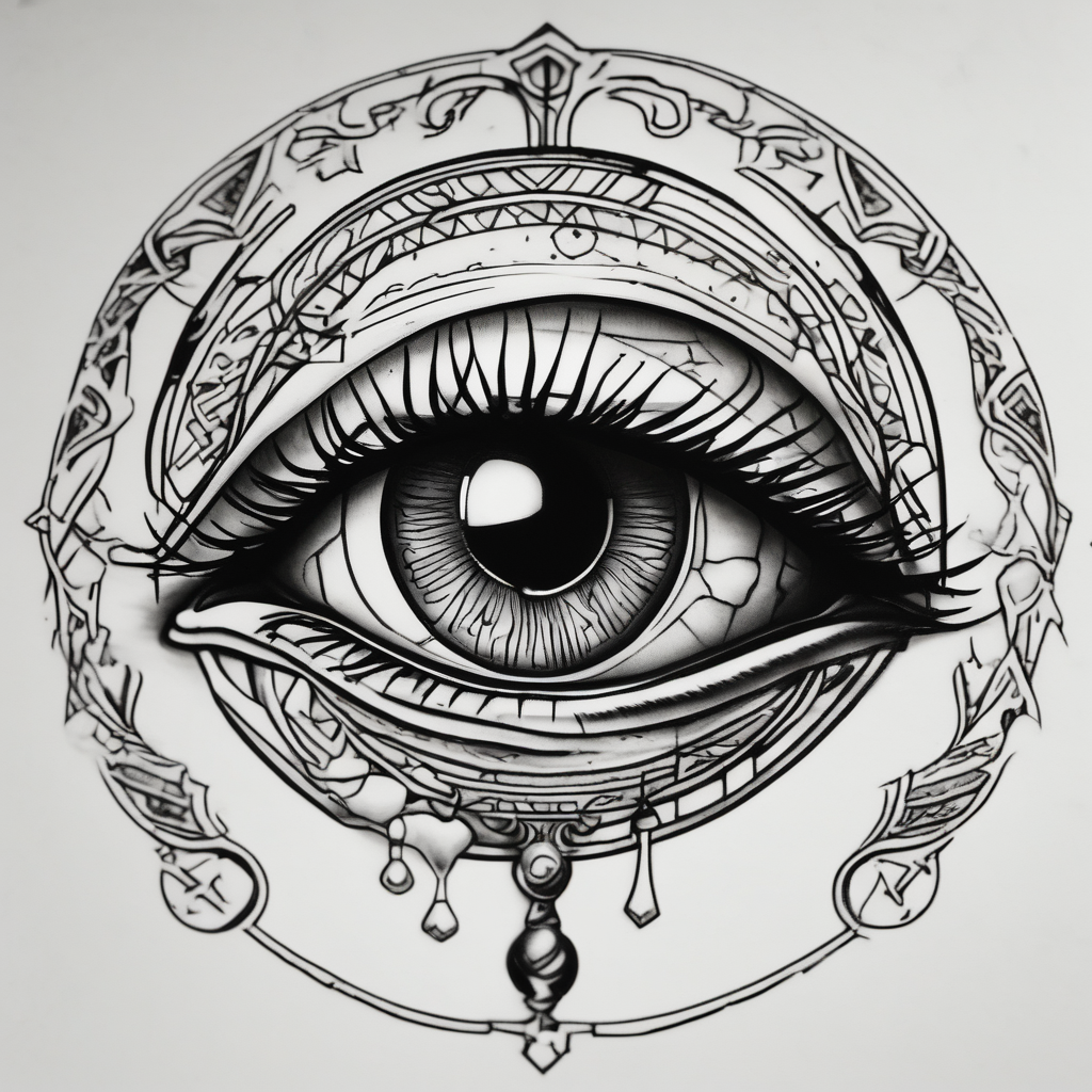 Eye ball up close with dead people in the reflection eyelid-eyes, AI-generated Blackwork tattoo design
