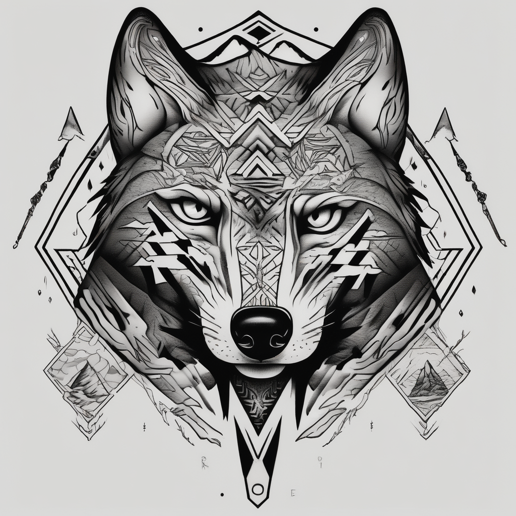 Mountains, wolf eyes underneath eyelid-eyes, AI-generated Blackwork tattoo design