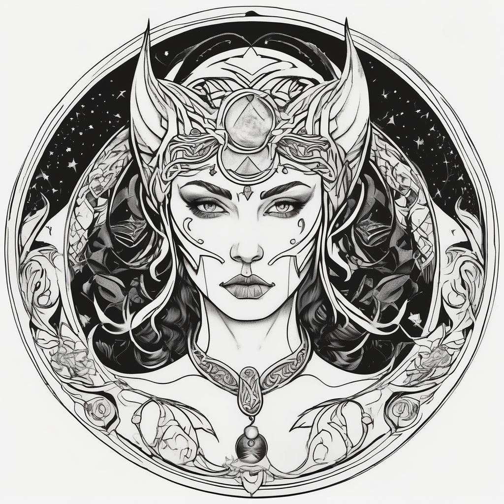 Viking, feminine warrior, bedroom eyes, headshot, princess, round emblem, moon goddess, Gaia eyelid-eyes, diseño de tatuaje Surrealista generado con IA