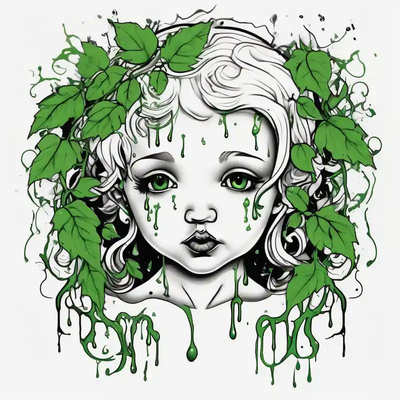 Baby angel with completely black eyes dripping with green vines everywhere – Acuarela, Blanco y negro