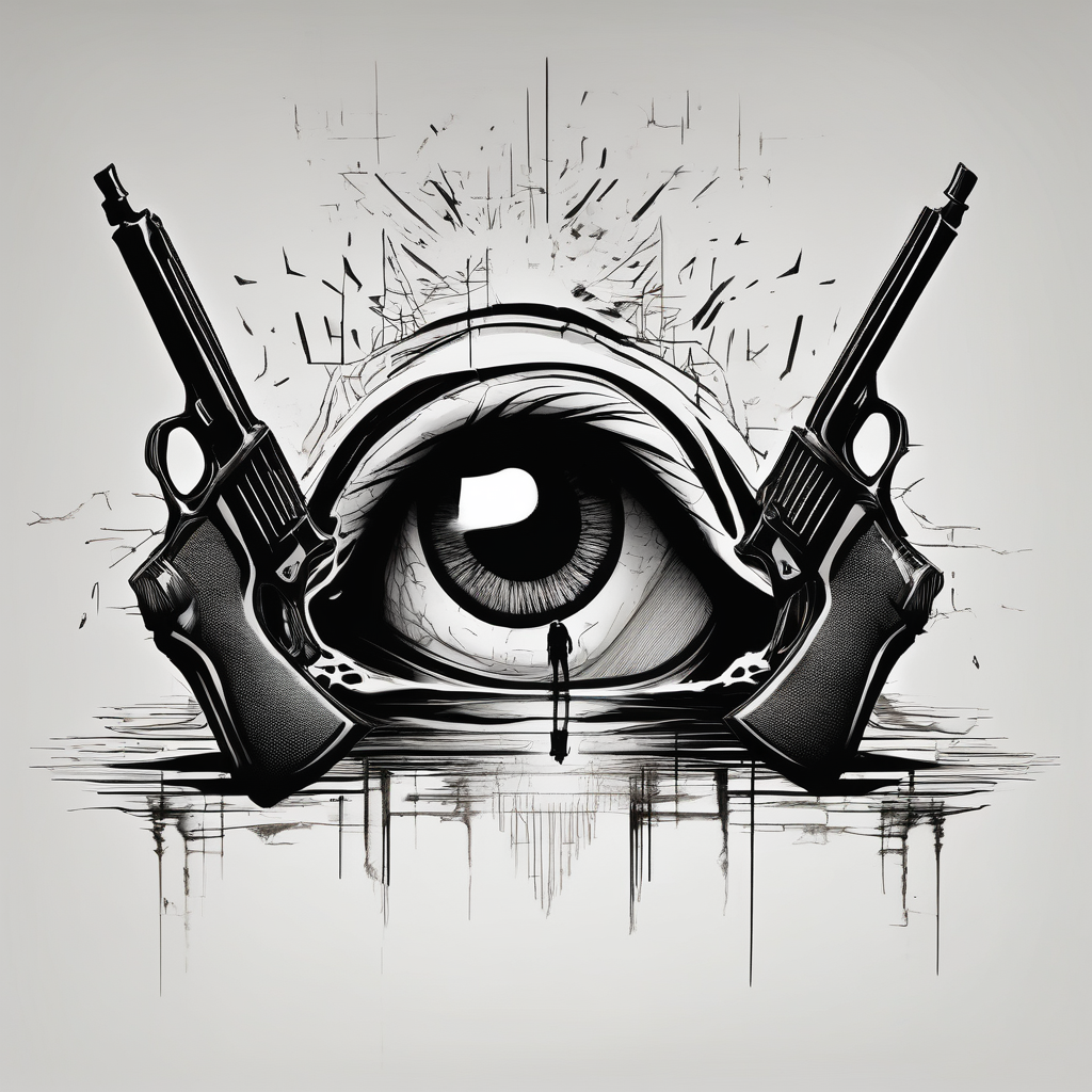 In the reflection of a eye two black siloets of people holding guns one man dead on the ground with a wounded woman standing behind him eyelid-eyes, AI-generated Sketch tattoo design