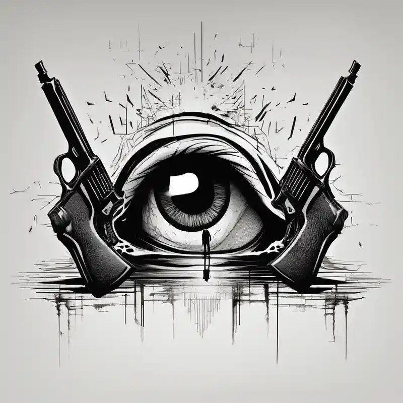 In the reflection of a eye two black siloets of people holding guns one man dead on the ground with a wounded woman standing
