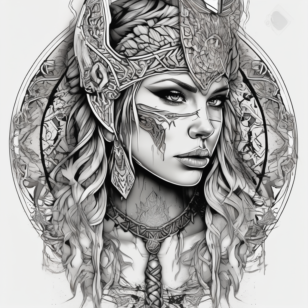 Viking, feminine warrior, mandala, bedroom eyes eyelid-eyes, diseño de tatuaje Acuarela generado con IA