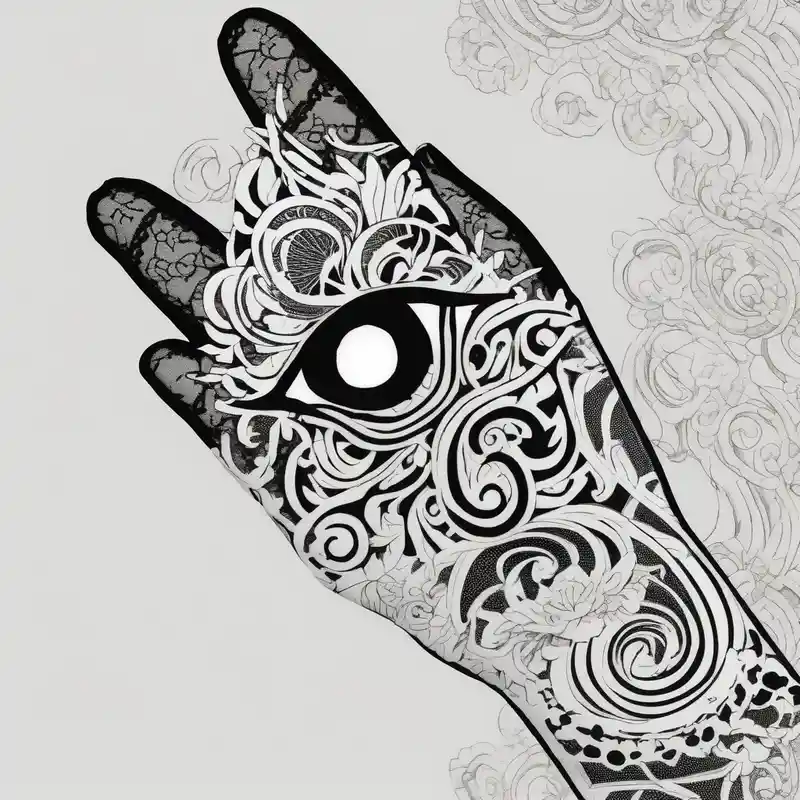 Elbow length lace glove, swirls and whorls of black ink, large feline eye on the palm