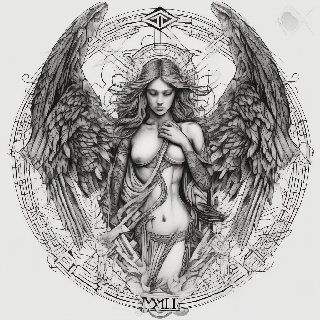 Guardian angel Something religious and some women eyes too. 2012 wrote in Roman numbers eyelid-eyes, design de tatouage Blackwork généré par IA