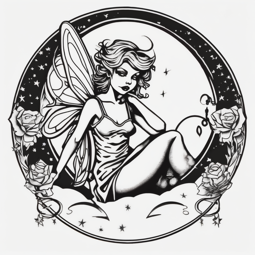 Solid black design. Fairy sitting on moon with dangles female-designs, diseño de tatuaje Old school generado con IA