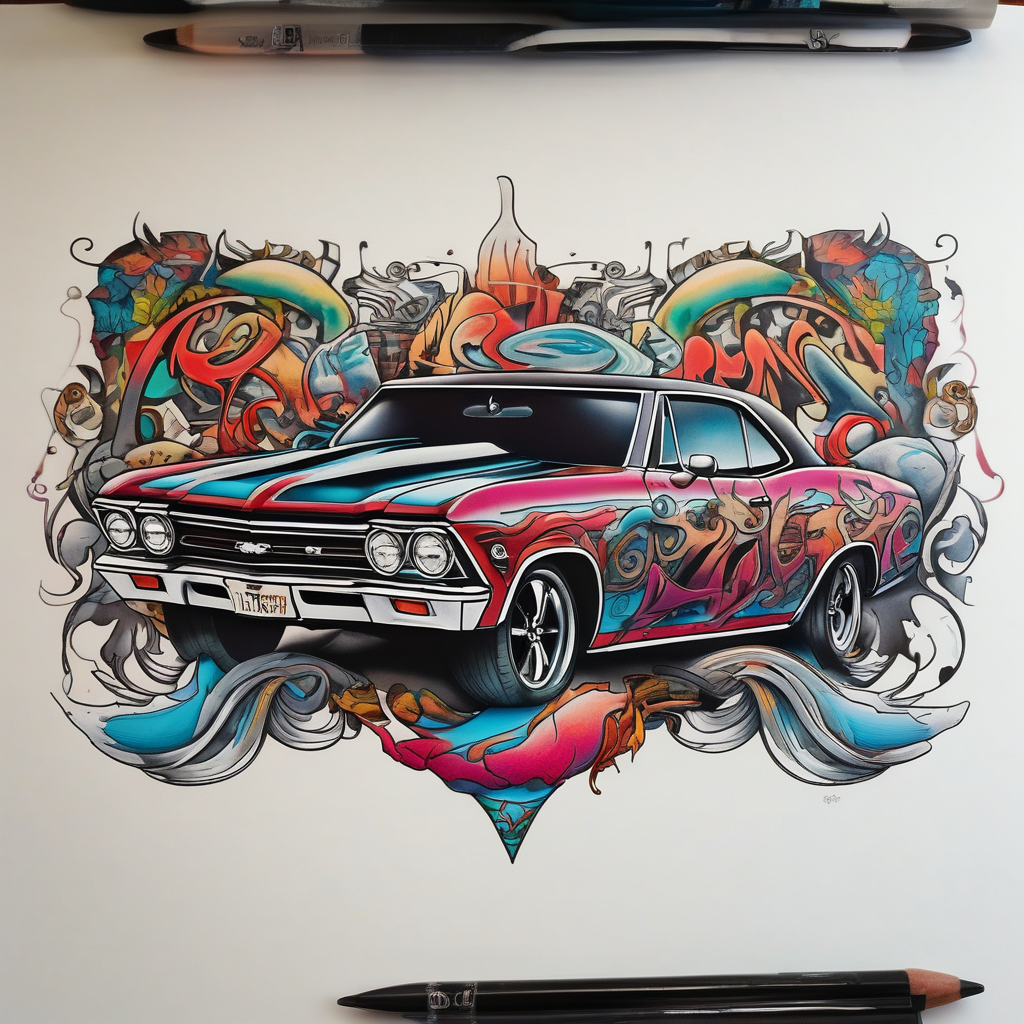 Can you design a surrealism tattoo that says “66 Chevelle” female-designs, diseño de tatuaje Boceto generado con IA