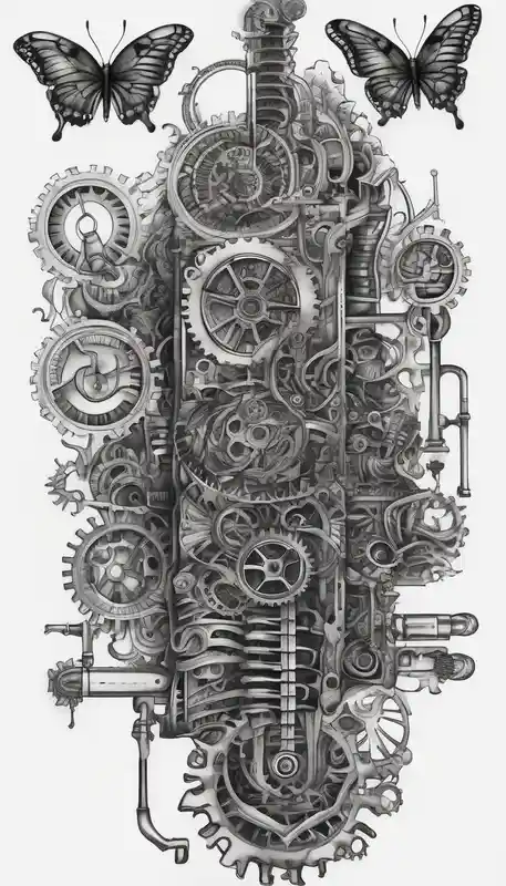 surreal style 213 Tattoo Design Ideas in 2025 & free generation about tattoo design for back spine with techno mechanical aspects representing life and eternity. sprockets gears screws levers hearts circles love universe spiral butterfly female-designs and tattoo design for back spine with techno mechanical aspects representing life and eternity. sprockets gears screws levers hearts circles love universe spiral butterfly female-designs
