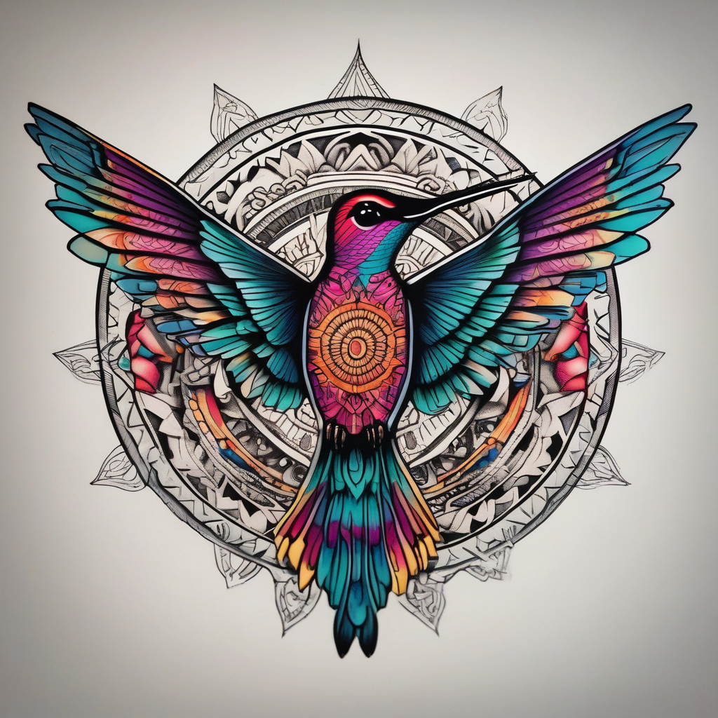 Colorful hummingbird centered in front of a mandala design female-designs, diseño de tatuaje Blackwork generado con IA