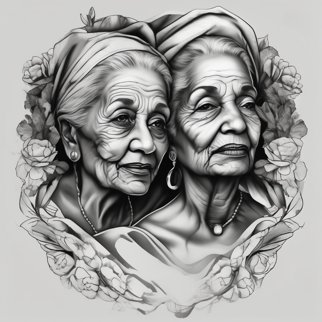 pictures of my two of my grandmas who passed away and they both were born in 1958 with a design around them female-designs, diseño de tatuaje Blanco y negro generado con IA