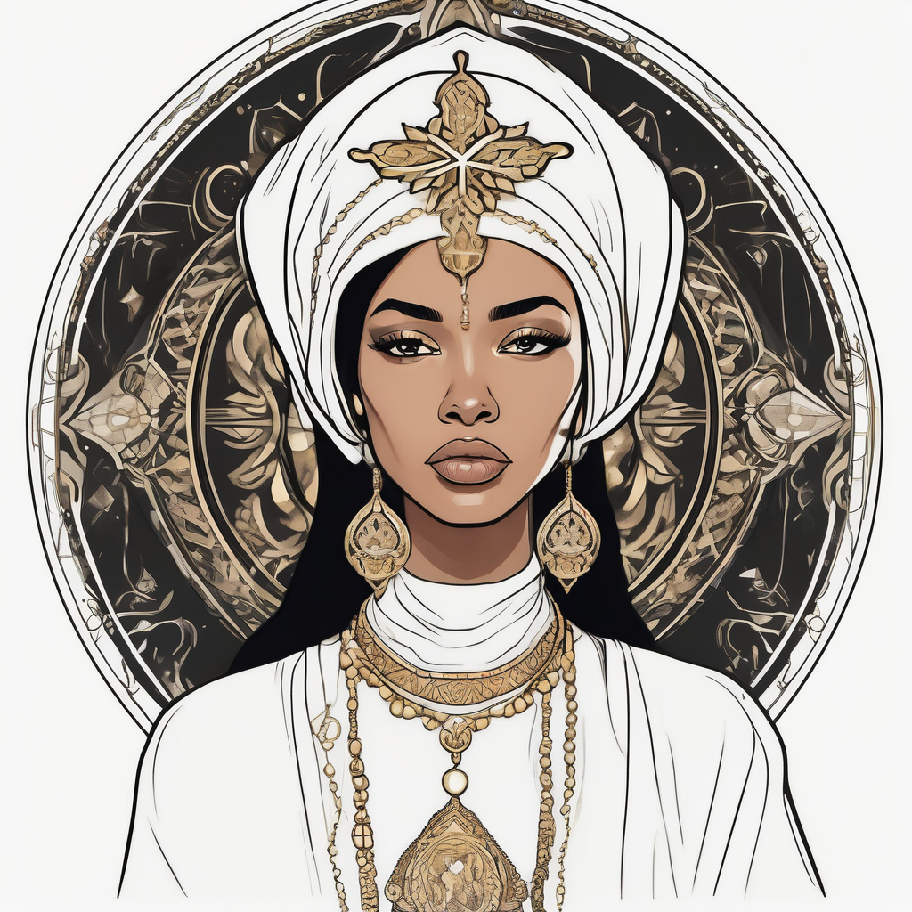 A serene and elegant portrait of a woman with a calm and angelic expression, wearing a delicate white veil, gold jewelry with intricate designs, and a pendant with a religious icon. female-designs, diseño de tatuaje Cartoon generado con IA