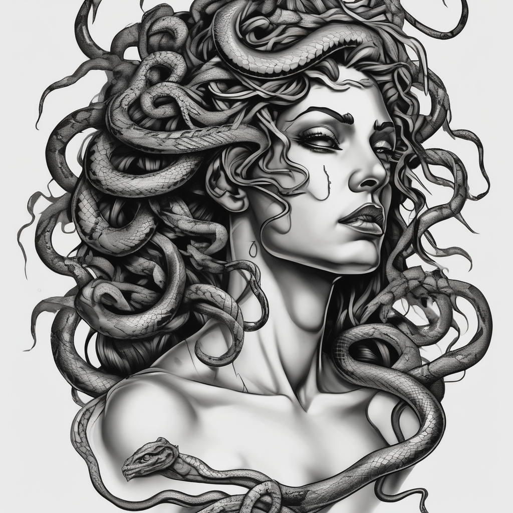 Scary Greek female god medusa with snake hairs female-designs(AIが生成したリアリズムスタイルのタトゥーデザイン)