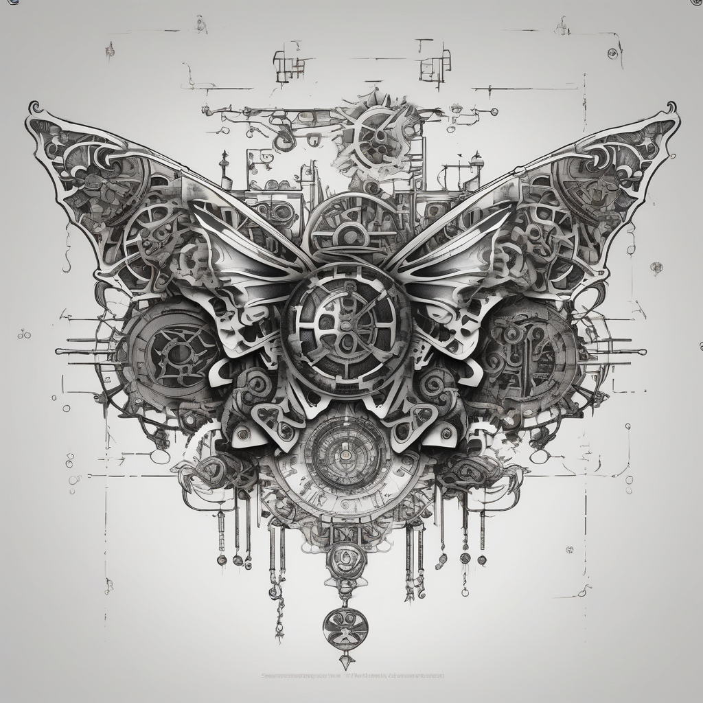 tattoo design for back spine with techno mechanical aspects representing life and eternity. sprockets gears screws levers hearts circles love universe spiral butterfly female-designs, diseño de tatuaje Japonés generado con IA