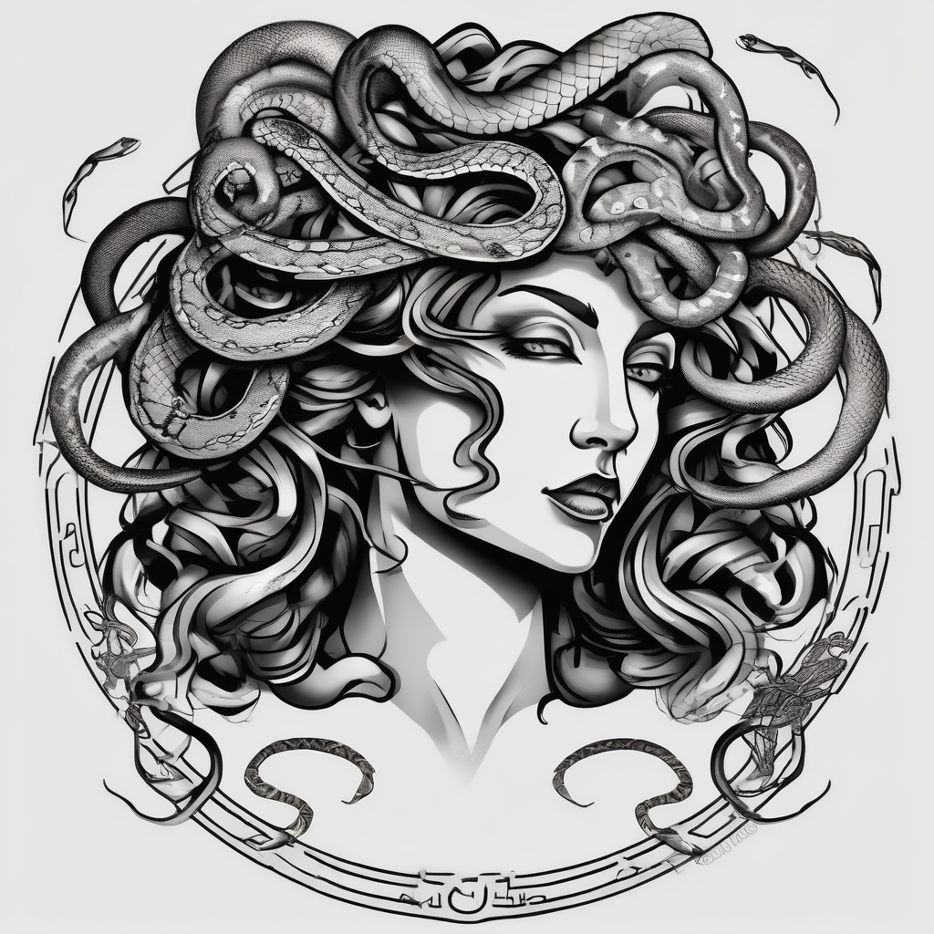 Scary Greek female god medusa with snake hairs female-designs(AIが生成した白黒スタイルのタトゥーデザイン)