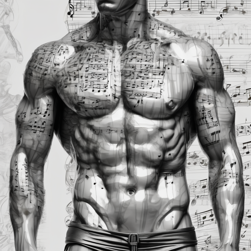Male Greek statue torso. No arms, legs or head. Fit and muscular. Simple design. Creative arts symbols like music notes scattered around the torso and partially behind it. female-designs, design de tatouage Réaliste généré par IA