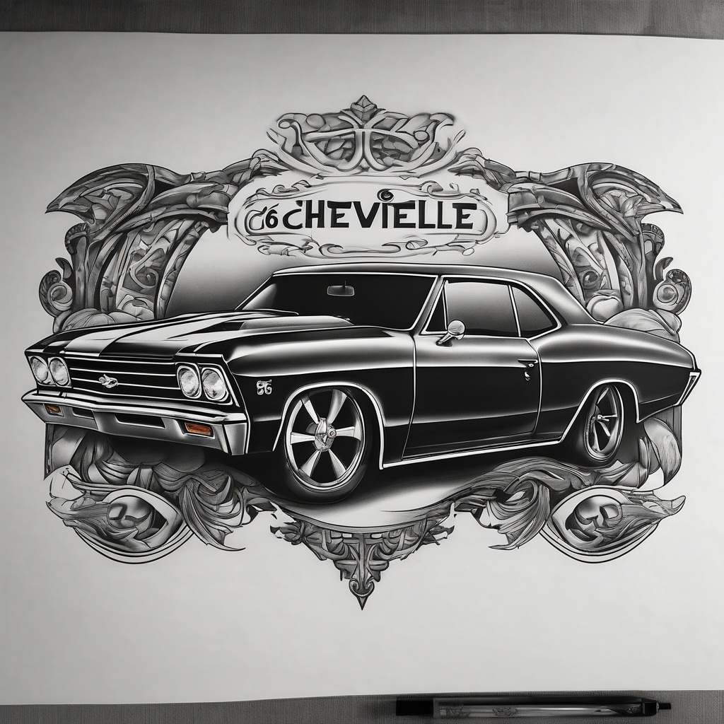 Can you design a surrealism tattoo that says “66 Chevelle” female-designs, diseño de tatuaje Blanco y negro generado con IA