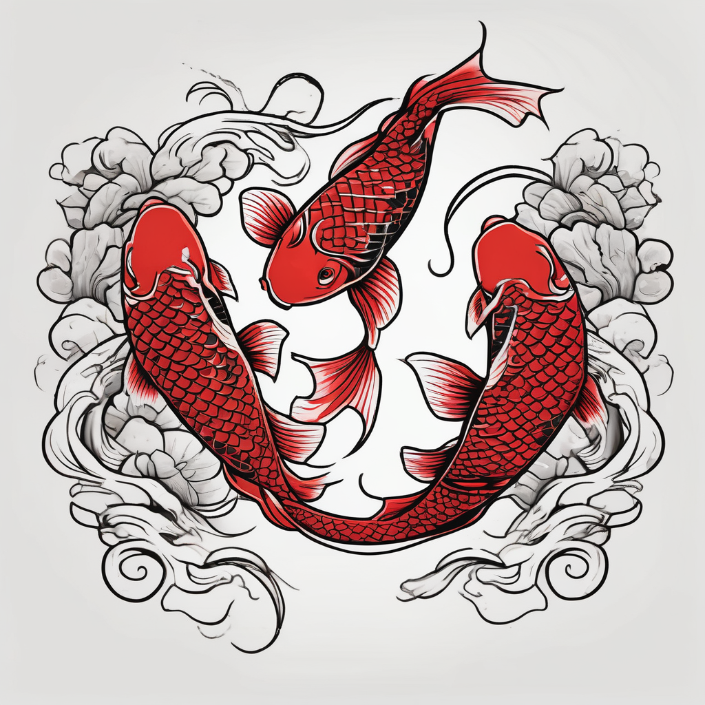 2 red koi fishes fishing, AI-generated Japanese tattoo design