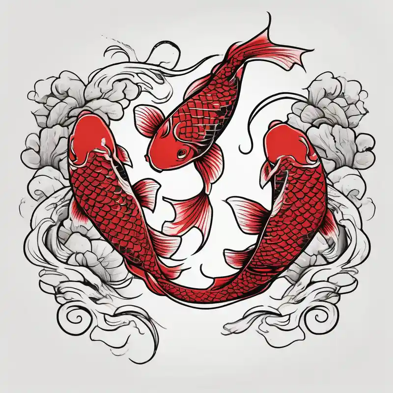 2 red koi fishes fishing – Japanese, Black and white