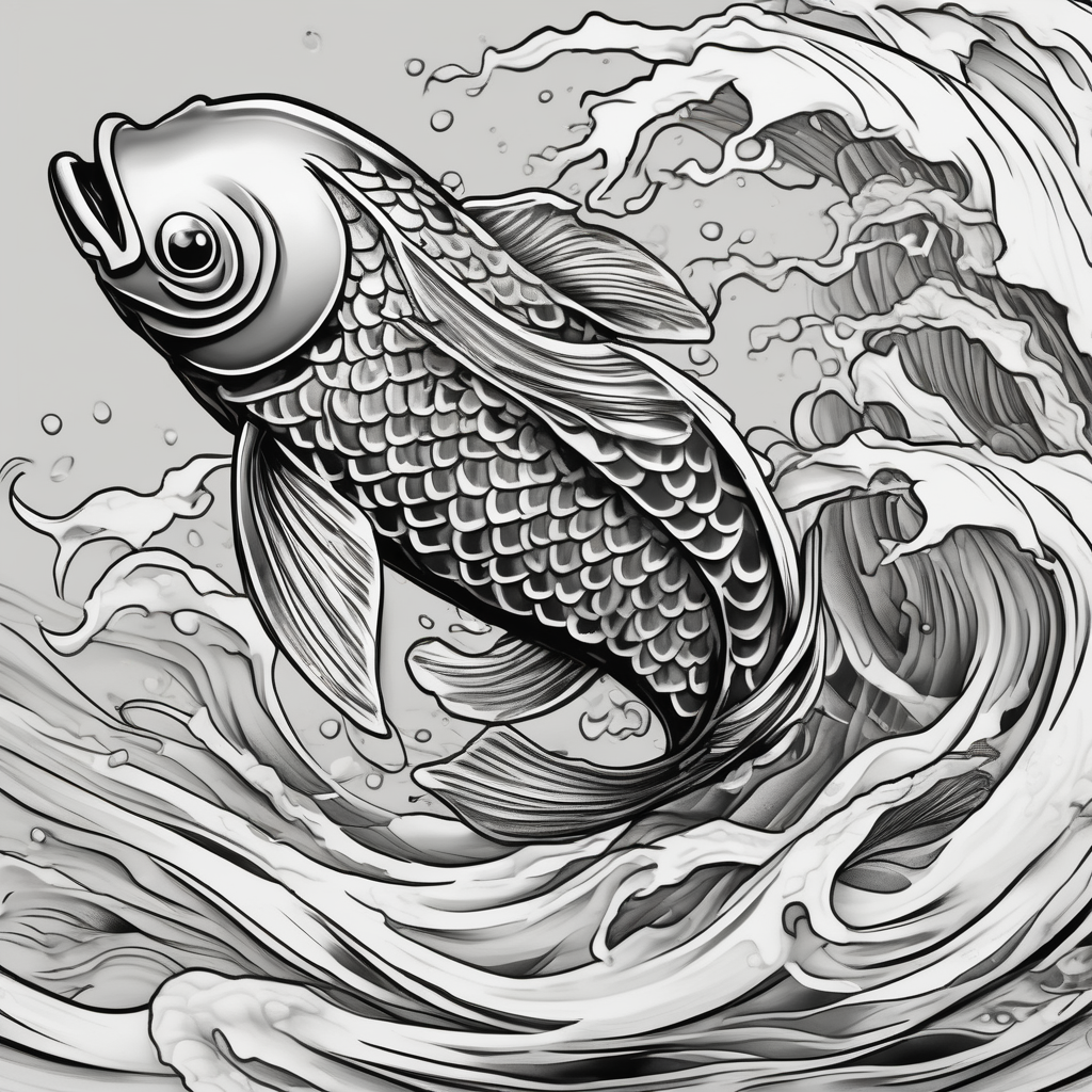 traditional koi fish swimming upstream through turbulent waves fishing, AI-generated Realistic tattoo design