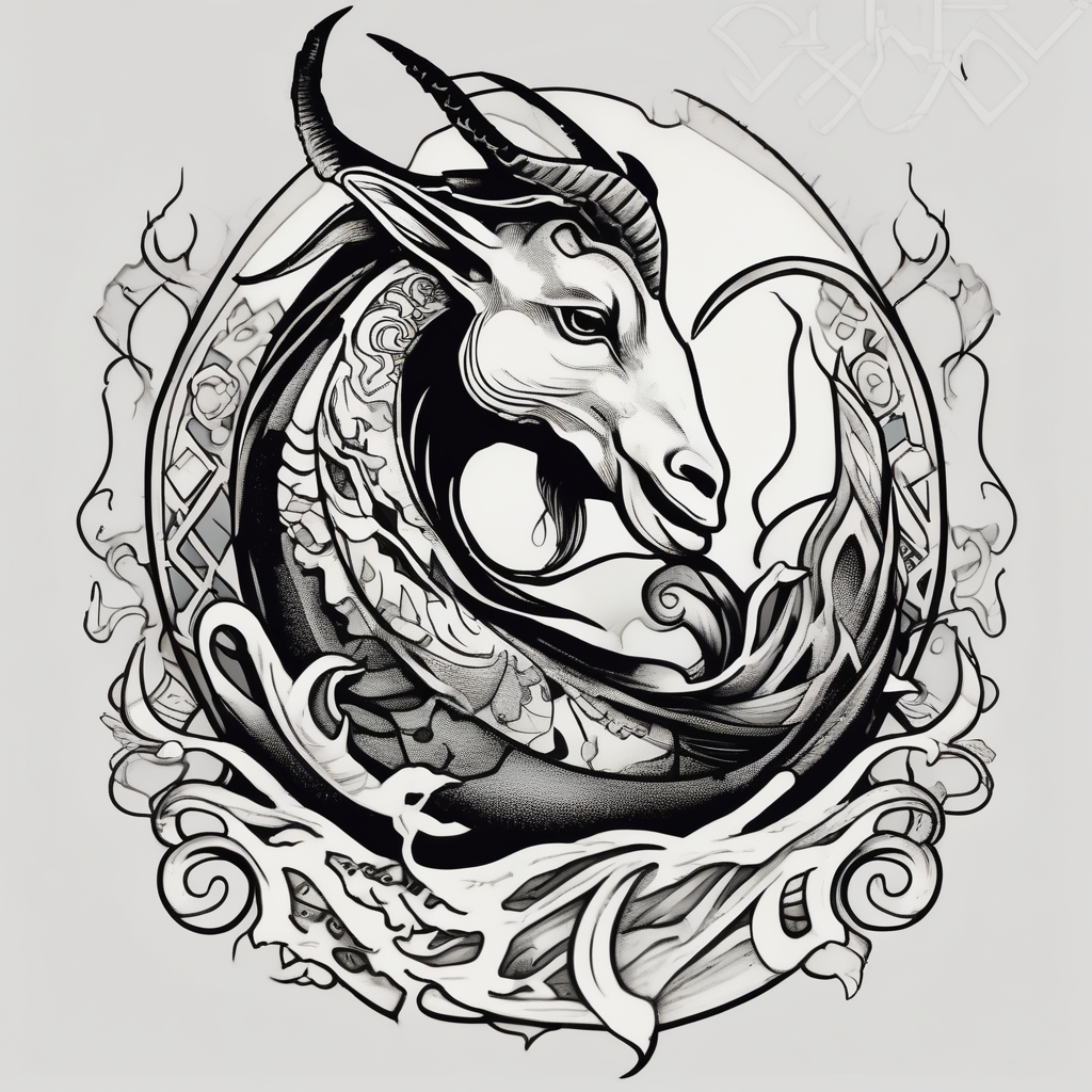ignorant style capricorn sea goat with fish tail tattoo black and white sketchy fishing, AI-generated Old School tattoo design