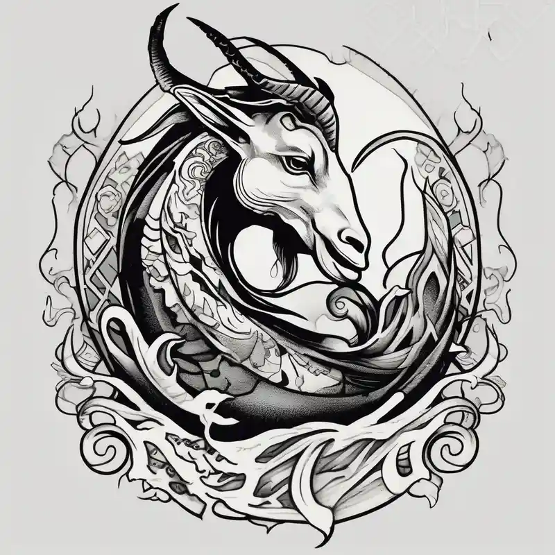 ignorant style capricorn sea goat with fish tail tattoo black and white sketchy fishing – Old school, Blanco y negro