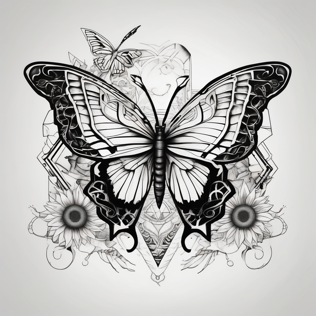 Butterfly, sunflower, book, fly, fish fishing, design de tatouage Géométrique généré par IA