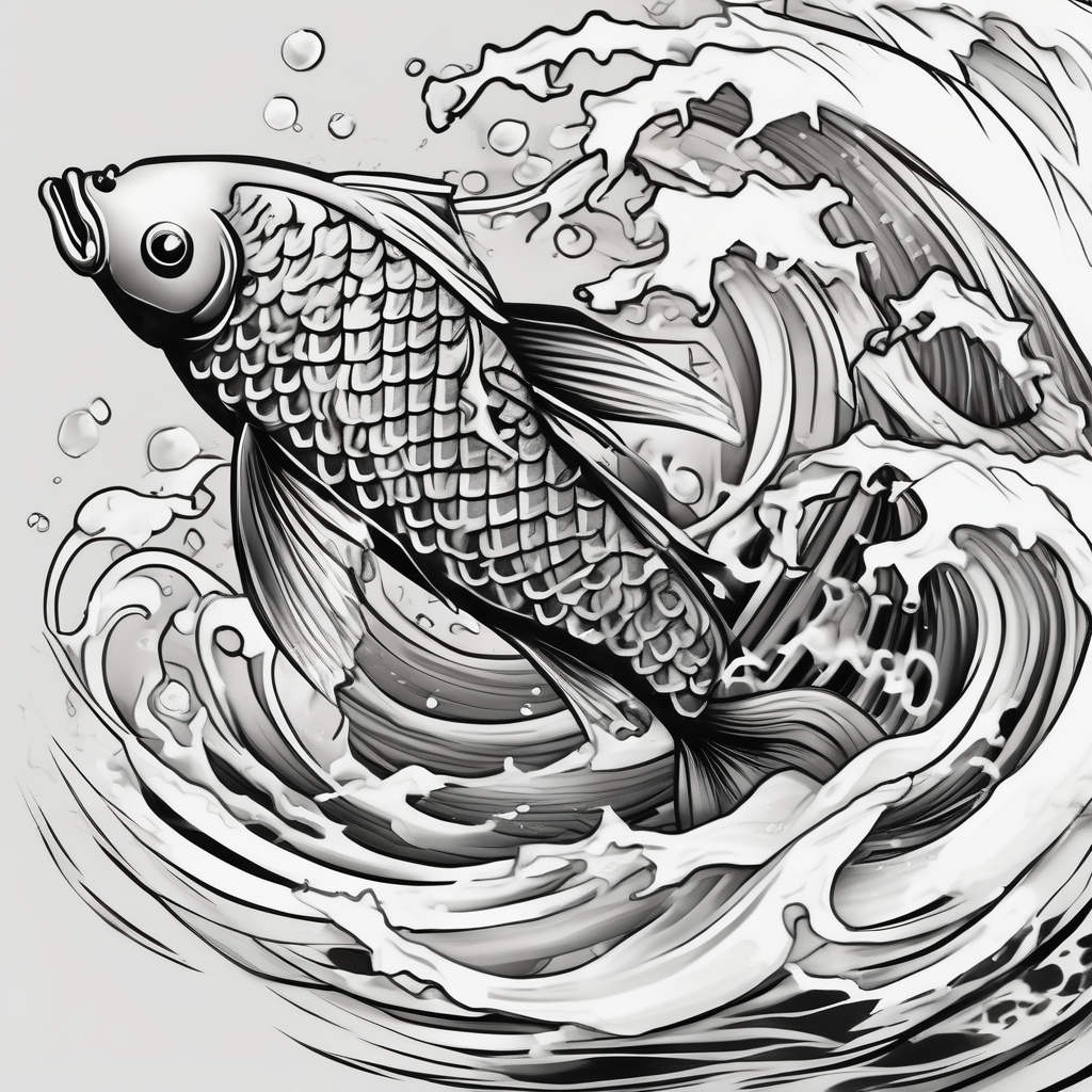 traditional koi fish swimming upstream through turbulent waves fishing, AI-generated Watercolor tattoo design