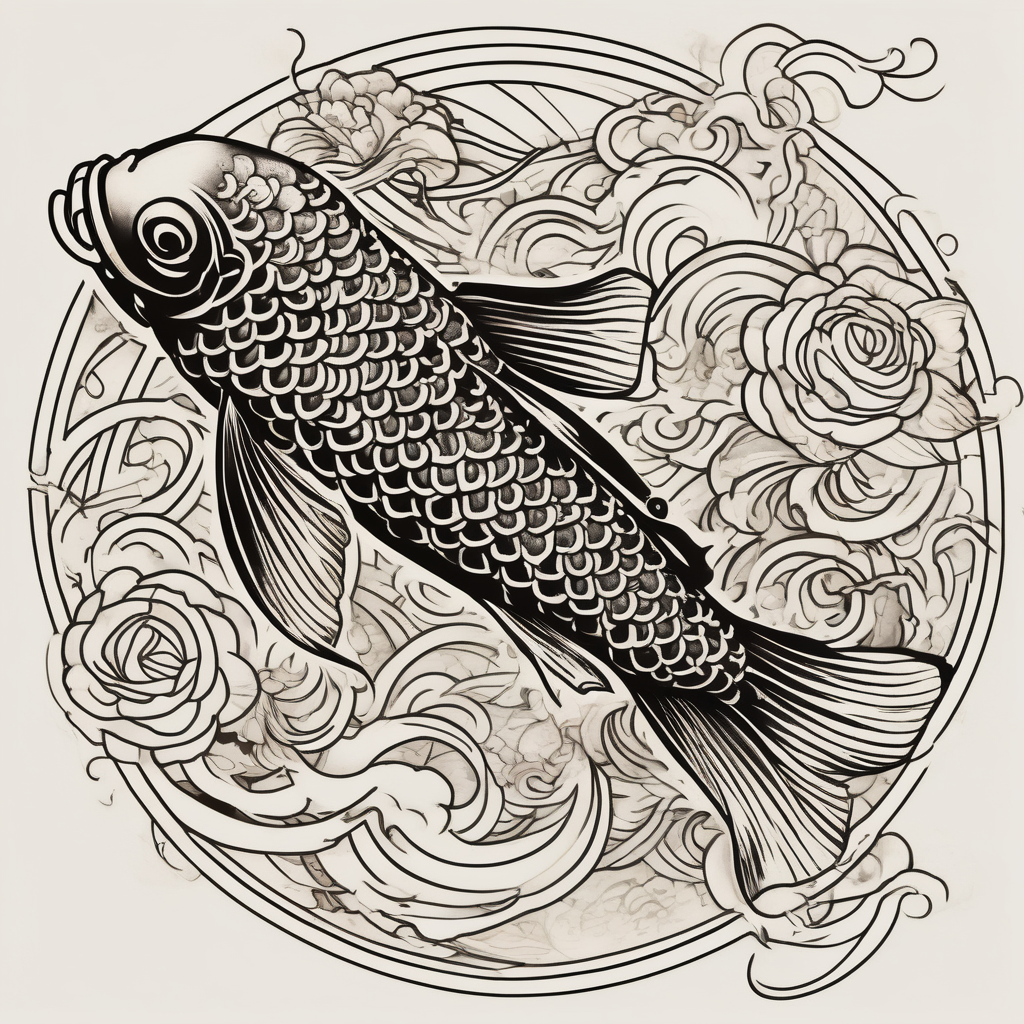japanese koi fish from above fishing, AI-generated Blackwork tattoo design
