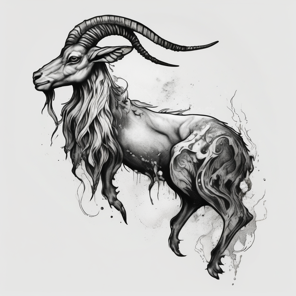 ignorant style capricorn sea goat with fish tail tattoo black and white sketchy fishing, AI-generated Watercolor tattoo design