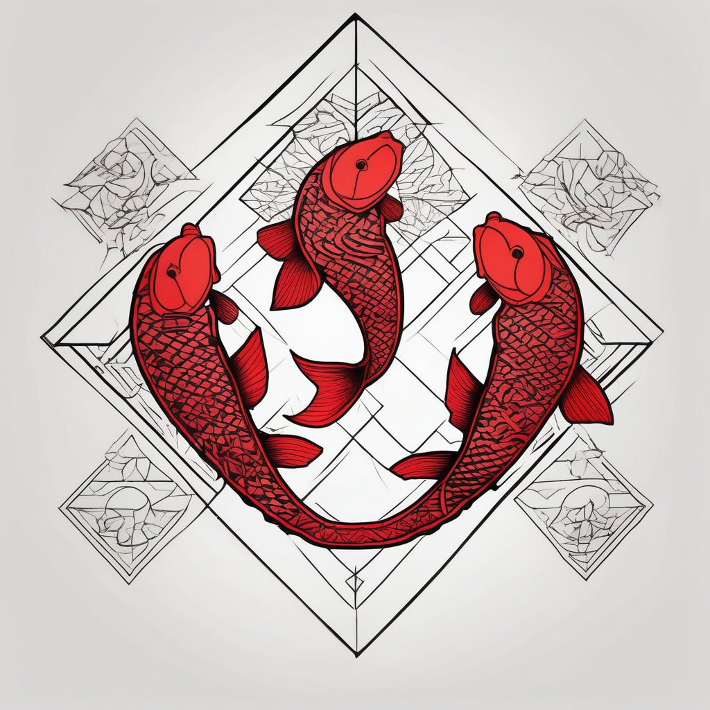2 red koi fishes fishing, AI-generated Geometric tattoo design