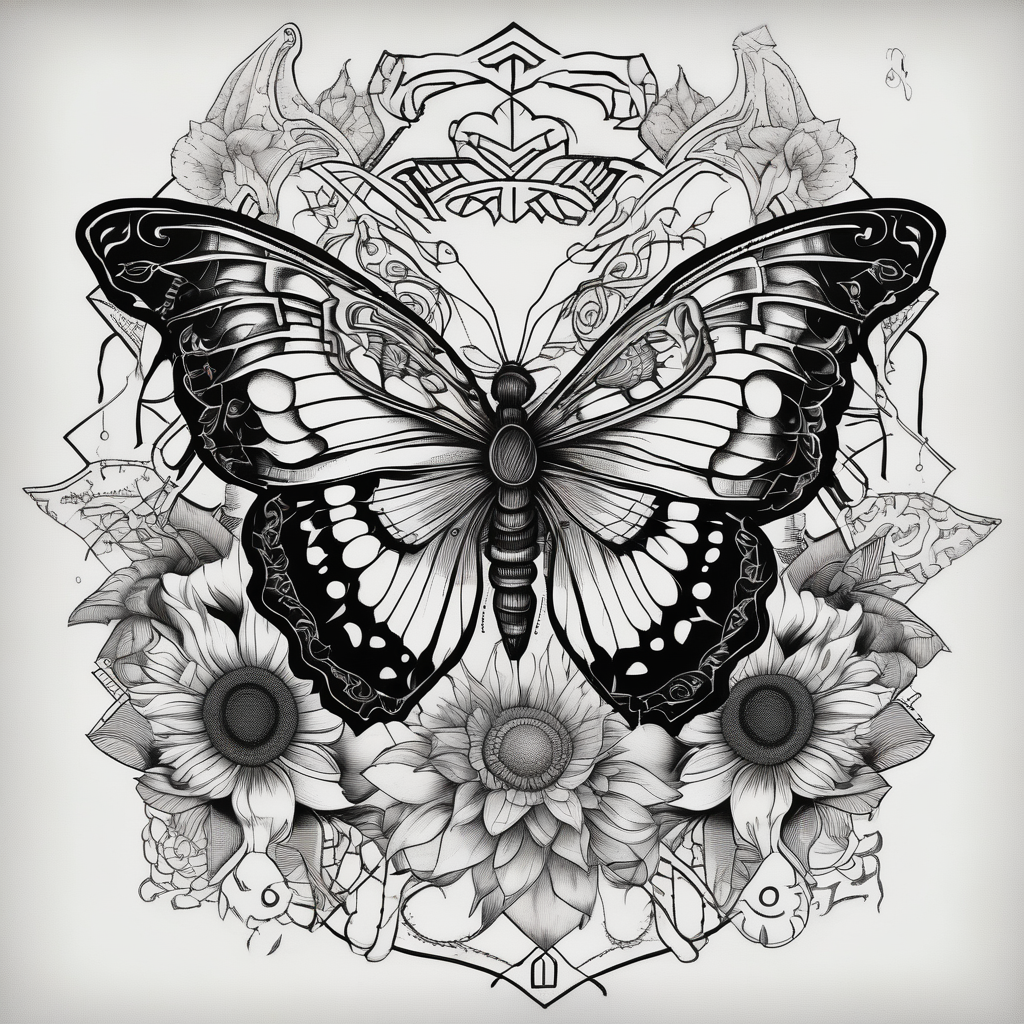 Butterfly, sunflower, book, fly, fish fishing, design de tatouage Blackwork généré par IA