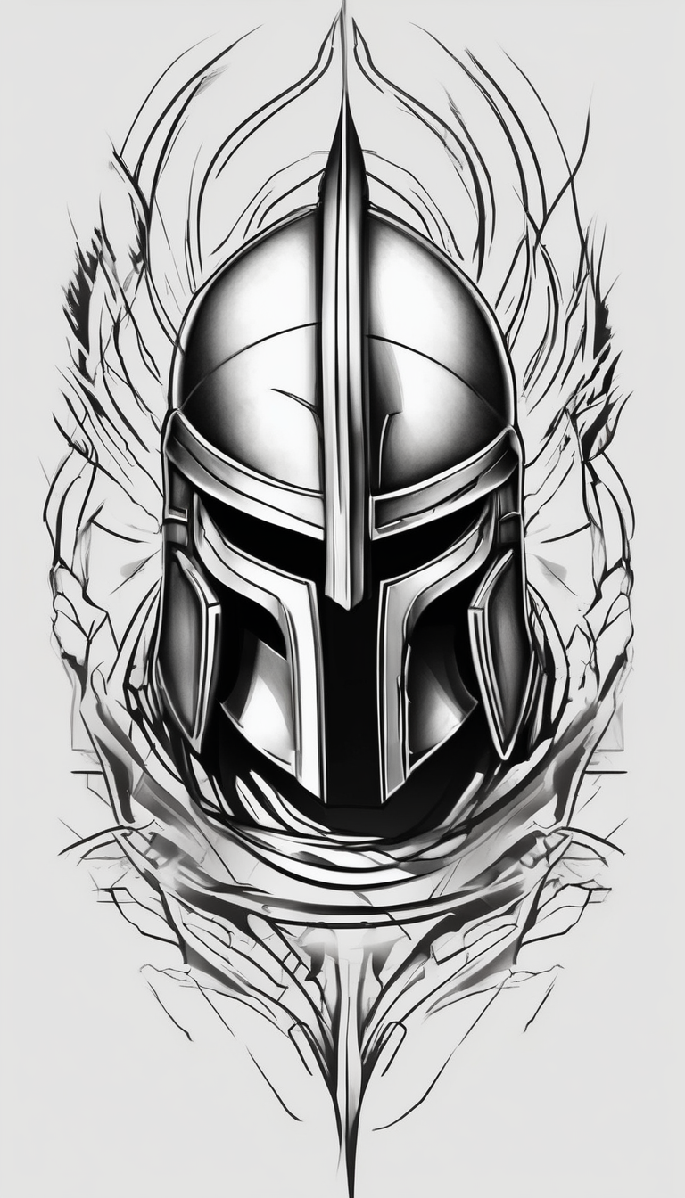 Spartan helmet forearm sleeve, black and white, masculine, aggressive looking, busy flow floral-sleeve, design de tatouage Croquis généré par IA