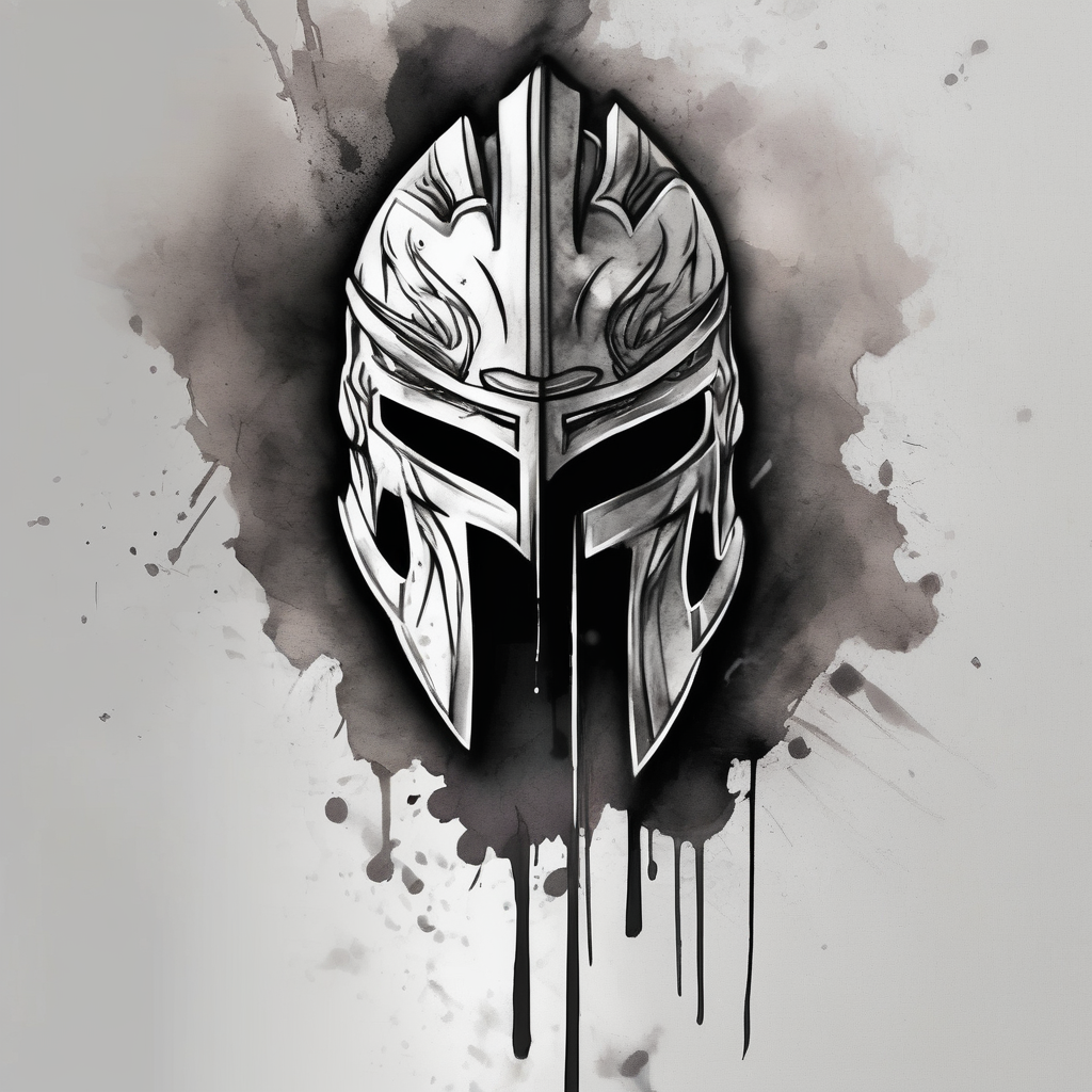 Spartan helmet forearm sleeve, black and white, masculine, aggressive looking, busy flow floral-sleeve, design de tatouage Aquarelle généré par IA