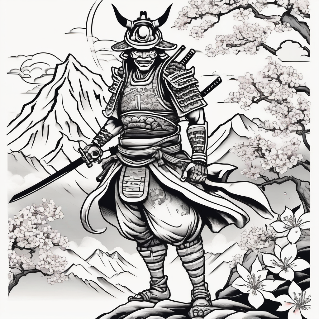 arm sleeve tattoo stencil of a samurai standing at the bottom of a mountain with cherry blossoms in the background, and japanese structures, also include an oni mask floral-sleeve, diseño de tatuaje Cartoon generado con IA