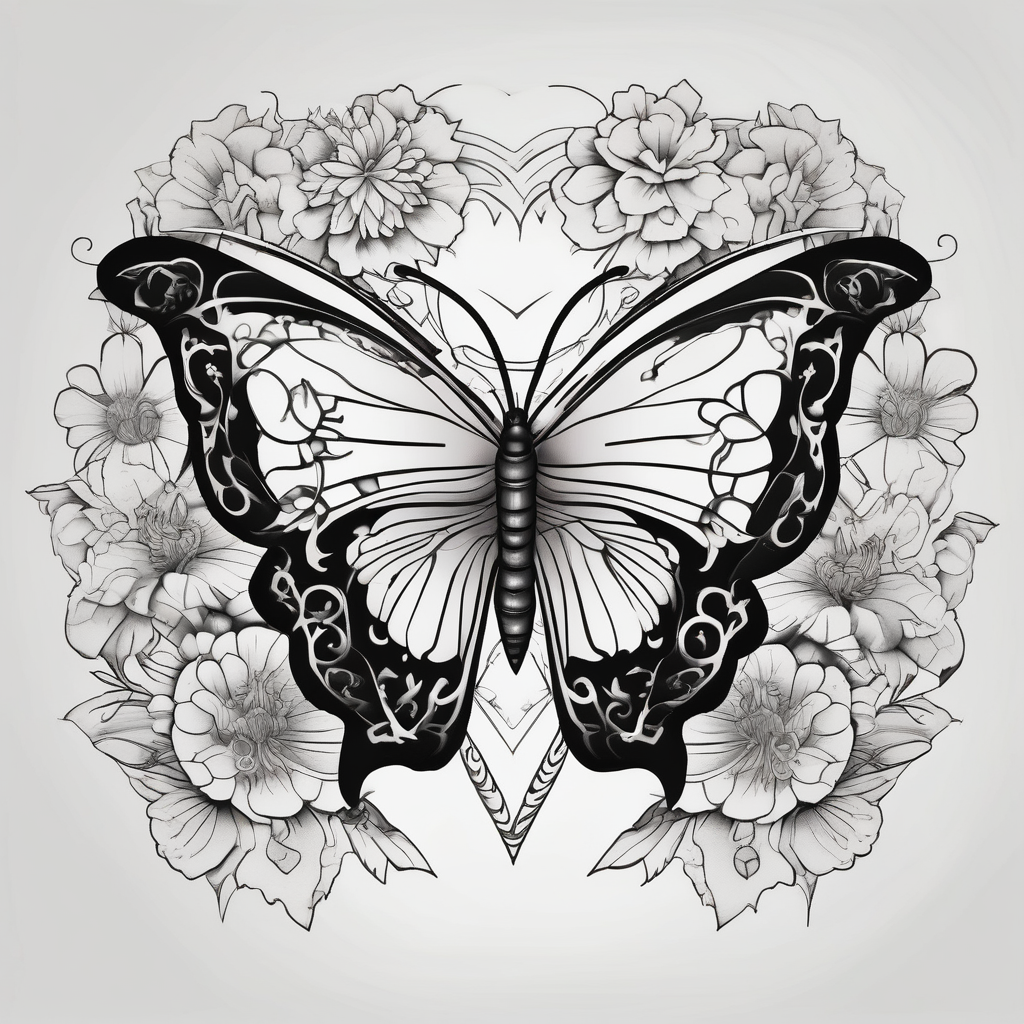 Butterfly with flowers and hearts sternum tattoo(AIが生成した和彫りスタイルのタトゥーデザイン)