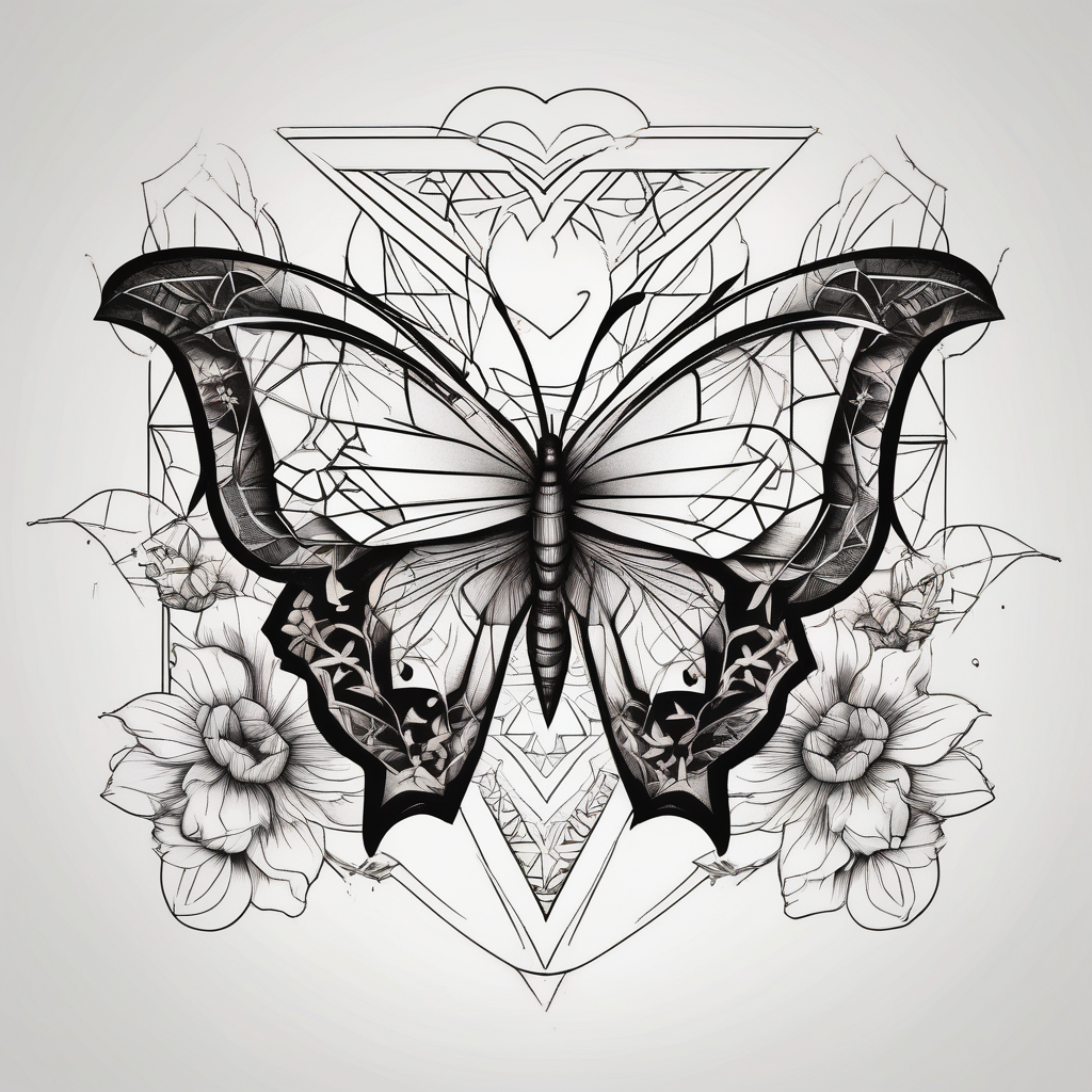 Butterfly with flowers and hearts sternum tattoo, diseño de tatuaje Geométrico generado con IA