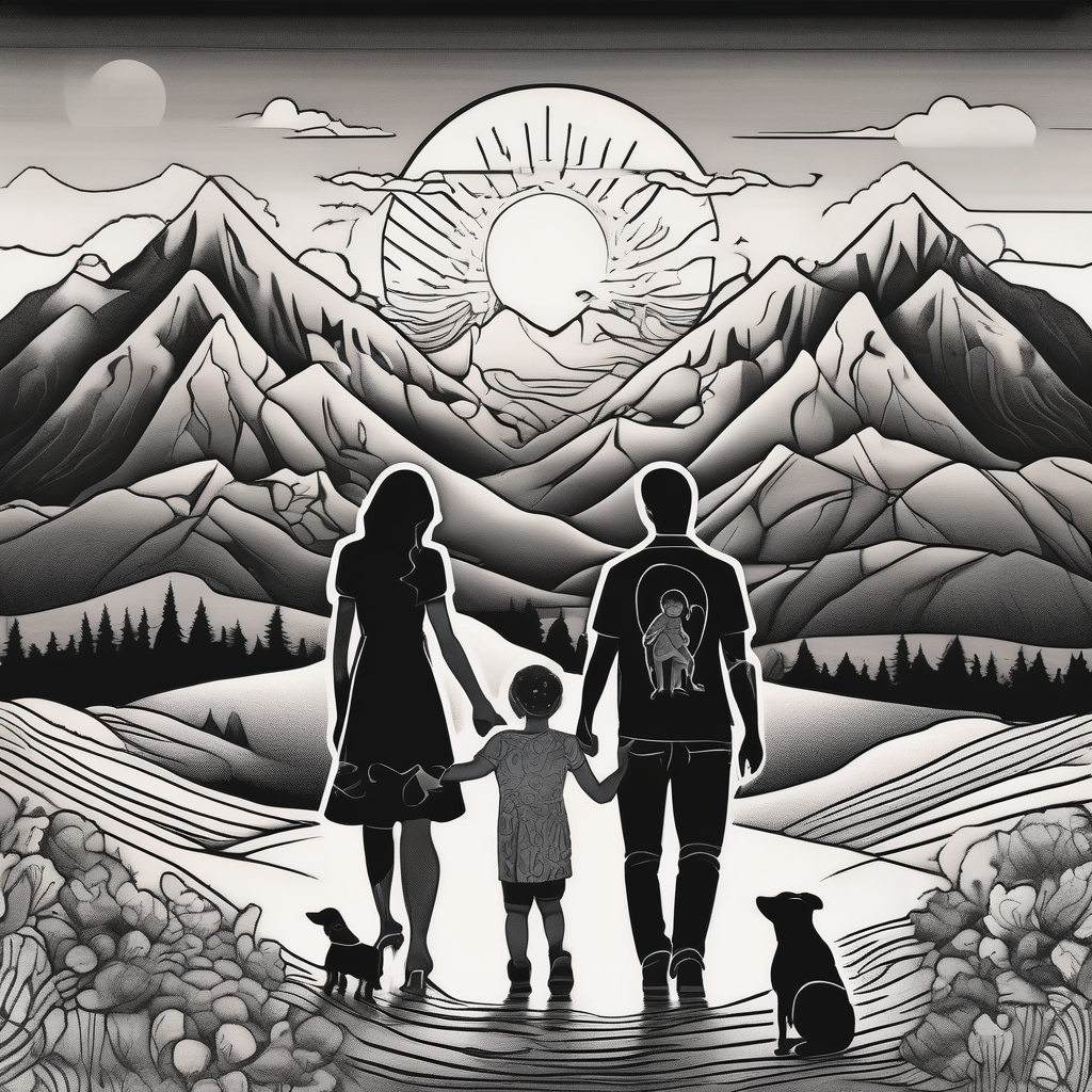 Family 2 parents, 1 baby boy in his mother’s arms, one 3-year girl holding the hand of the father and the mother and one black dog walking through the the sunset and mountains foo-dog, diseño de tatuaje Surrealista generado con IA