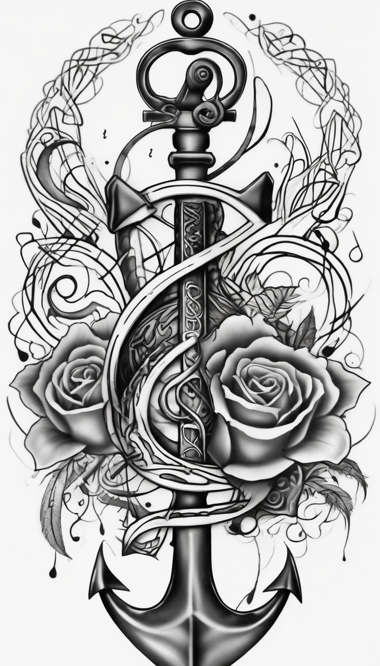 Celtic styling, anchor, compass, bass clef note, treble clef note, dog paw print, half sleeve, forearm foo-dog, diseño de tatuaje Surrealista generado con IA