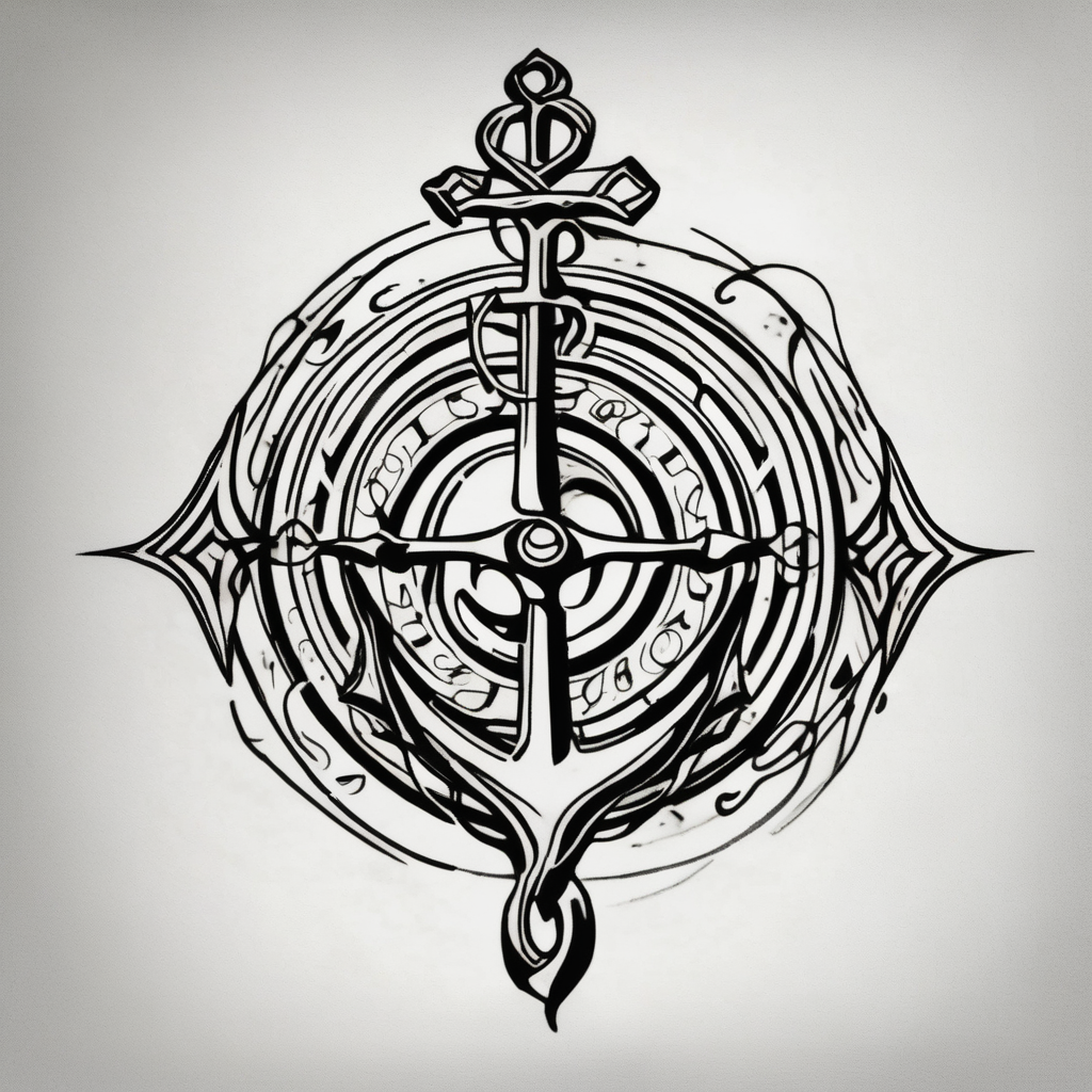 Celtic styling, anchor, compass, bass clef note, treble clef note, dog paw print, half sleeve, forearm foo-dog, diseño de tatuaje Acuarela generado con IA