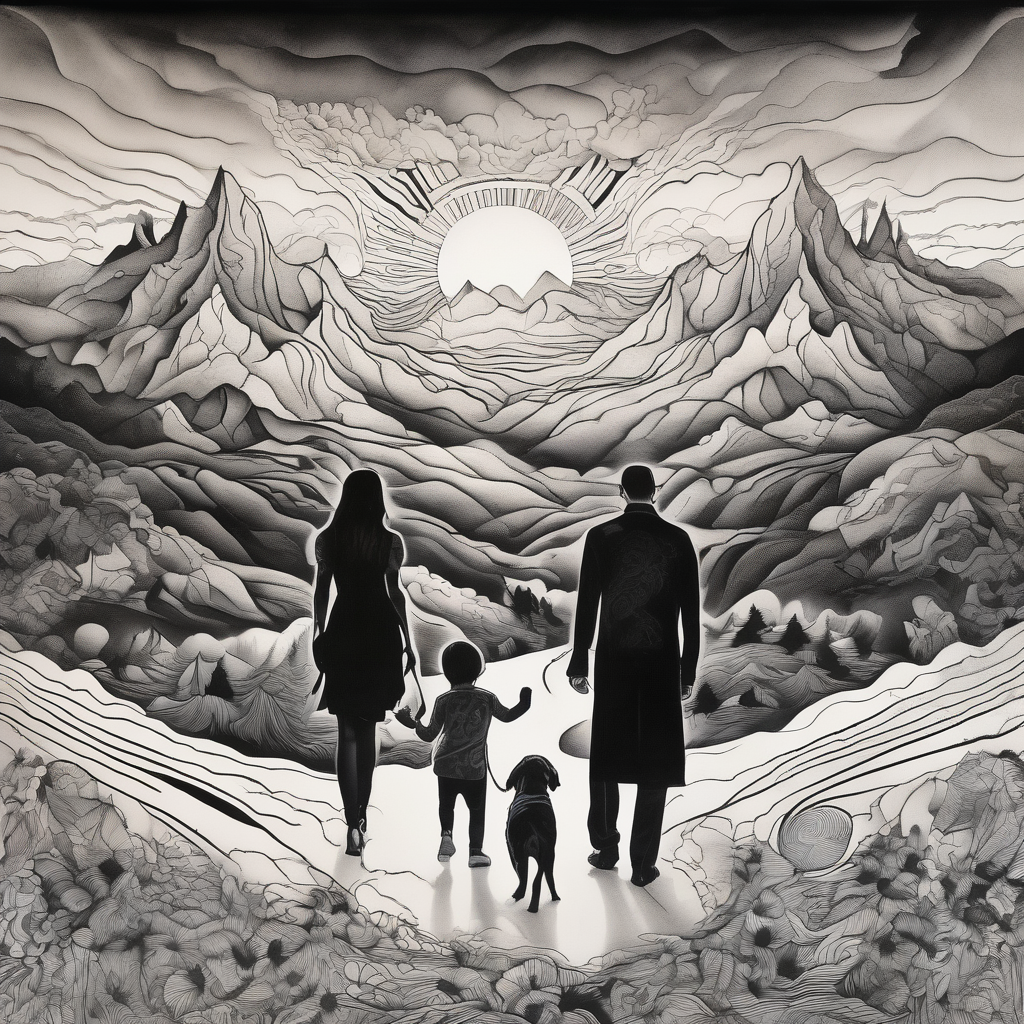 Family 2 parents, 1 baby boy, one 3-year girl and one black dog walking through the the sunset and mountains foo-dog, diseño de tatuaje Surrealista generado con IA