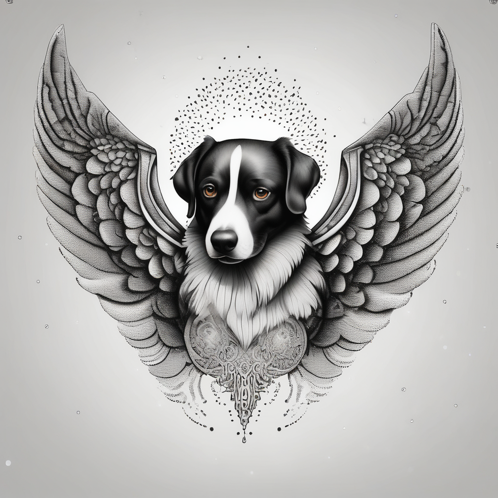 Dog print with angel wings and the name Bella foo-dog, diseño de tatuaje Dotwork generado con IA