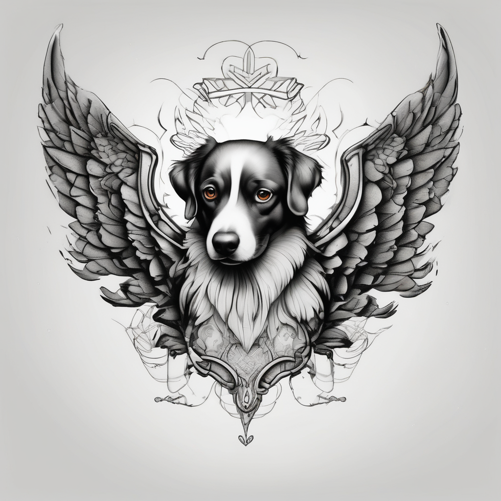 Dog print with angel wings and the name Bella foo-dog, diseño de tatuaje Surrealista generado con IA