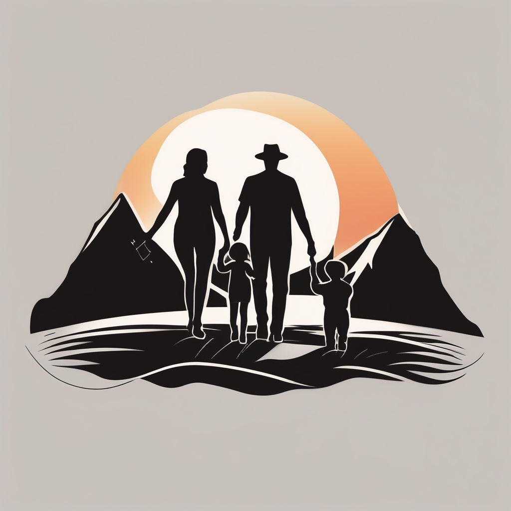 Family 2 parents, 1 baby boy, one 3-year girl and one black dog walking through the the sunset and mountains foo-dog, diseño de tatuaje Minimalista generado con IA